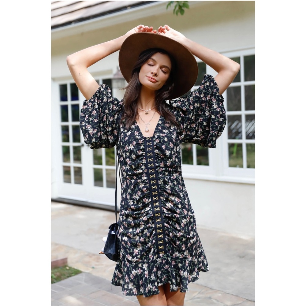 Sugar + lips Floral Balloon Sleeves Ruffle Dress Size XL